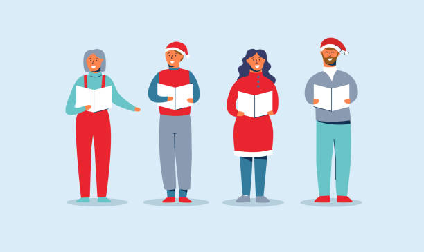 illustrazioni stock, clip art, cartoni animati e icone di tendenza di persone felici a santa hats che cantano canti natalizi. personaggi delle vacanze invernali. xmas singers caroling choir uomo e donna. illustrazione vettoriale - christmas child friendship little boys