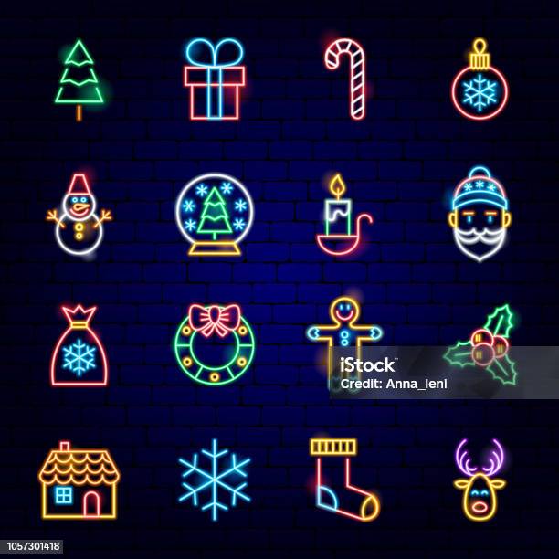 Icone Al Neon Di Buon Natale - Immagini vettoriali stock e altre immagini di Natale - Natale, Neon, Icona