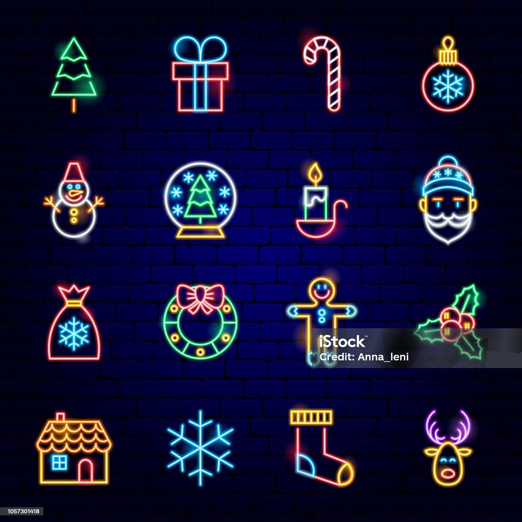 Merry Christmas Neon Icons Merry Christmas Neon Icons. Vector Illustration of Winter Holiday Symbols. Christmas stock vector