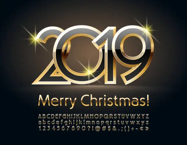 Vector illustration of Vector Black and Gold Luxurious Greeting Card Merry Christmas 2019 with Alphabet
