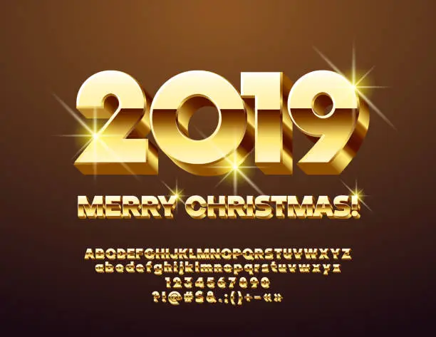 Vector illustration of Vector chic Greeting Card Merry Christmas 2019 with Golden 3D Font