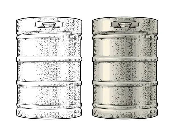 Vector illustration of Metal beer keg. Vintage vector engraving illustration