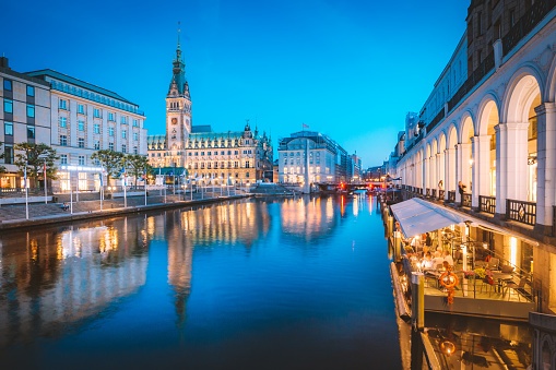 Hamburg skyline with city hall at twilight, Germany