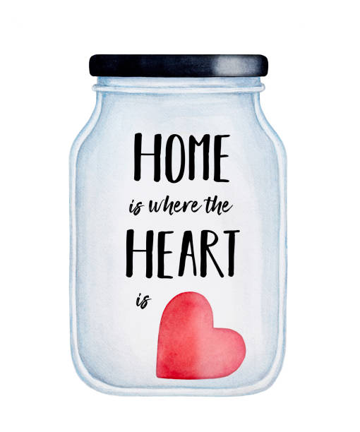 ilustrações, clipart, desenhos animados e ícones de aconchegante, frasco de vidro tradicional com coração bonito dentro e aquecer o texto dizendo "lar é onde o coração". - house cute welcome sign greeting