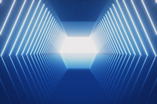 istock Futuristic Sci-Fi Abstract Blue Neon Light Shapes On Black Background And Reflective floor With Empty Space For Text 3D Rendering Illustration 1057333292