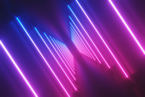 istock Futuristic Sci-Fi Abstract Blue And Purple Neon Light Shapes On Black Background And Reflective floor With Empty Space For Text 3D Rendering Illustration 1057333338