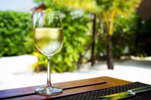 Glass with cold white wine Glass with cold white wine on wooden table on tropical background chardonnay grape stock pictures, royalty-free photos & images