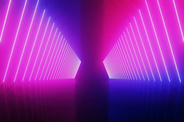 istock Futuristic Sci-Fi Abstract Blue And Purple Neon Light Shapes On Black Background And Reflective floor With Empty Space For Text 3D Rendering Illustration 1057333468