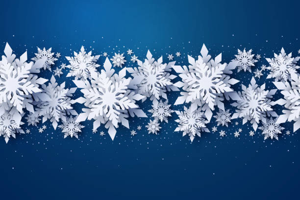 Vector Merry Christmas and Happy New Year banner Vector Merry Christmas and Happy New Year greeting card design with white layered paper cut snowflakes on dark blue background. Seasonal Christmas and New Year holidays paper art banner, poster snowflake holiday greeting card blue stock illustrations