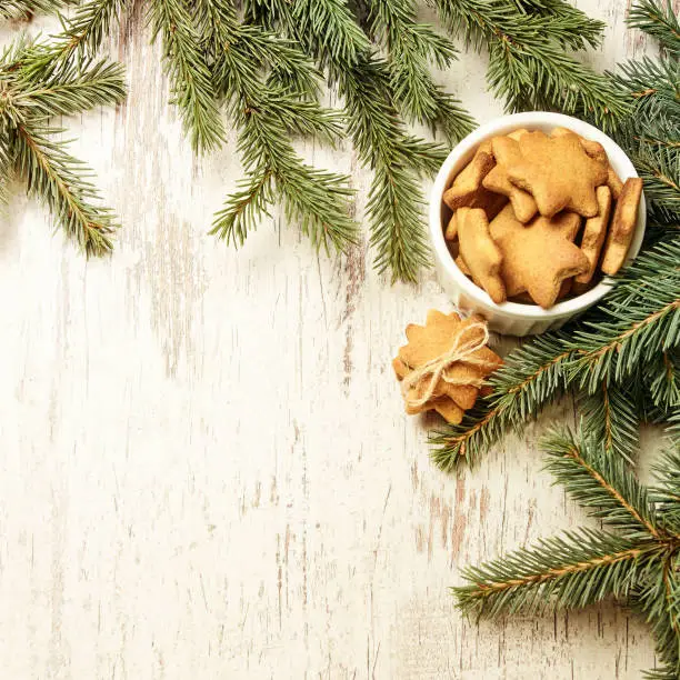 NewYear. Delicious ginger biscuits. Fir branch. Light background.