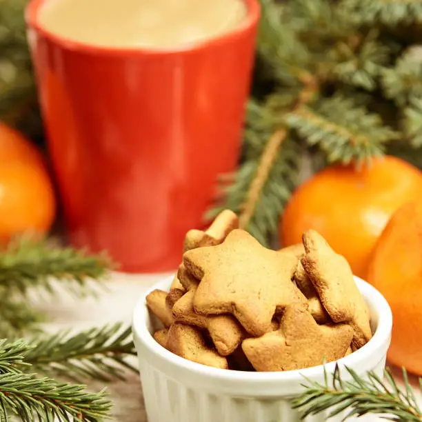 Gingerbread Cookie. Cup of coffee. Spruce branch. Orange tangerines. NewYear.