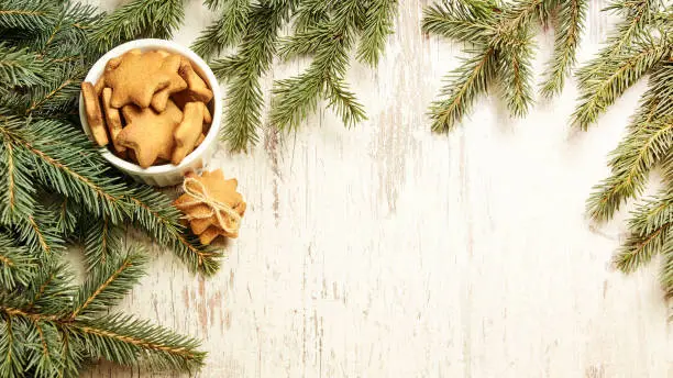 NewYear. Delicious ginger biscuits. Fir branch. Light background.