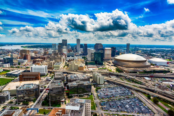Aerial New Orleans Scenic The downtown and surrounding areas of New Orleans, Louisiana shot from an altitude of about 1000 feet during a helicopter photo flight. helicopter point of view photos stock pictures, royalty-free photos & images