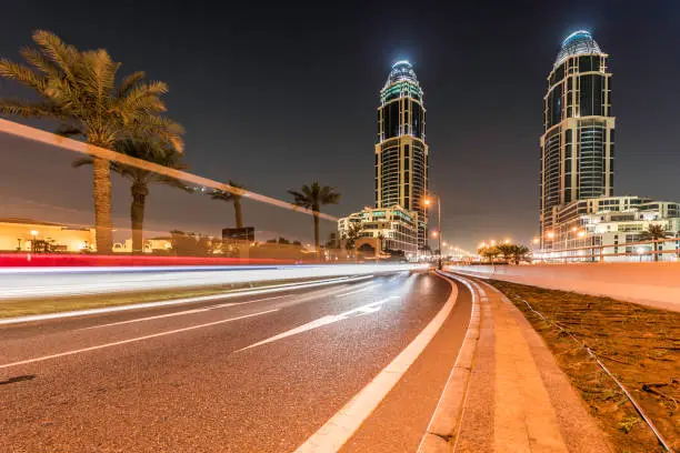 Traffic trail lights at Pearl Towers in Pearl Qatar