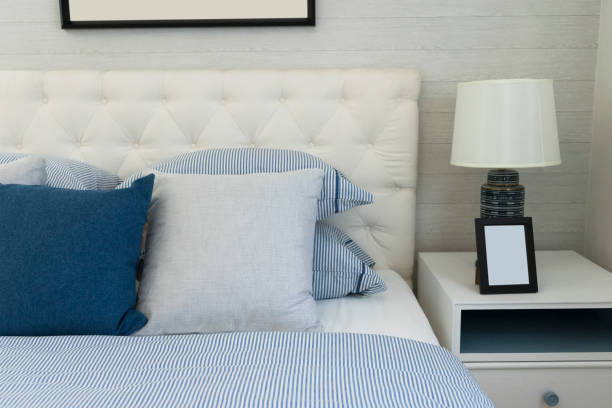 istock beach blue pillow on bed in bedroom 1057399054