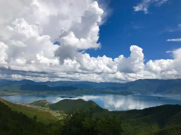 Bird view of Lugu Lake. It is located in the North West Yunnan plateau in the centre of Ninglang Yi Autonomous County in the People's Republic of China.