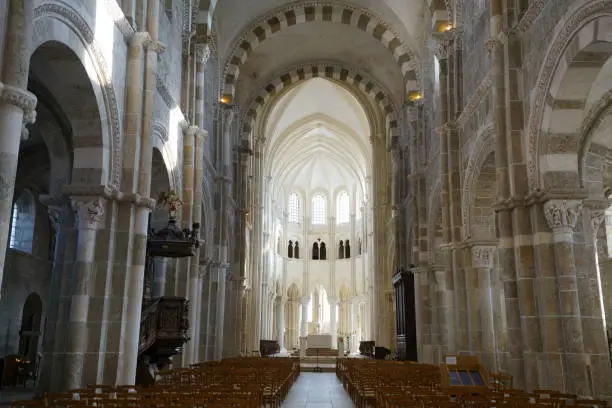 Vezelay, France-October 16, 2018: Interior of Basilica Sainte-Marie-Madeleine in Vezelay