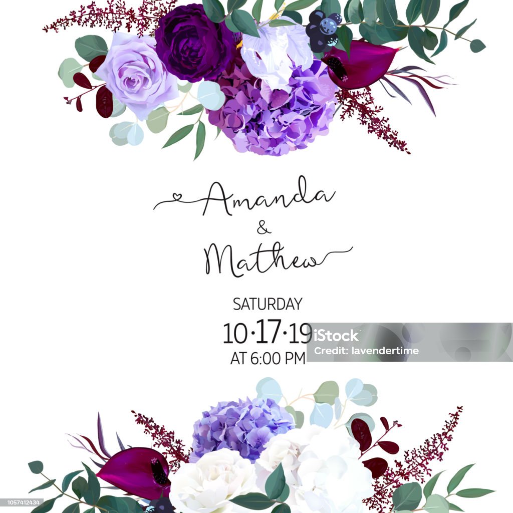 Purple and violet rose, white and deep blue hyrangea, astilbe, anthurium, iris, eucaliptus. Elegant seasonal dark flowers vector design wedding frame. Purple and violet rose, white and deep blue hyrangea, astilbe, anthurium, iris, eucaliptus. Floral style border.All elements are isolated. Flower stock vector