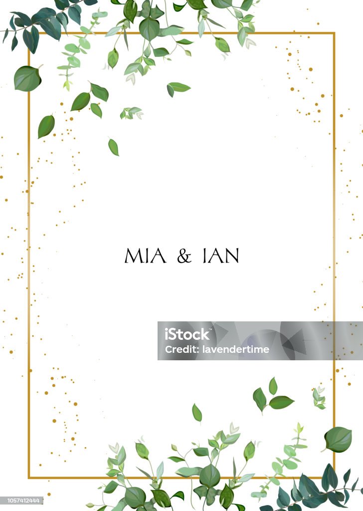 Herbal minimalistic vector frame. Herbal minimalistic vector frame. Hand painted plants, branches, leaves on white background. Greenery wedding square invitation. Watercolor style. Gold line art. All elements are isolated and editable Border - Frame stock vector