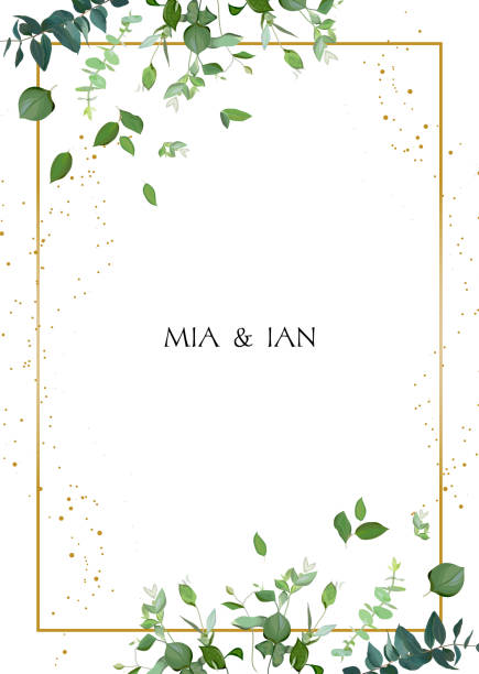 Herbal minimalistic vector frame. Herbal minimalistic vector frame. Hand painted plants, branches, leaves on white background. Greenery wedding square invitation. Watercolor style. Gold line art. All elements are isolated and editable lush foliage stock illustrations