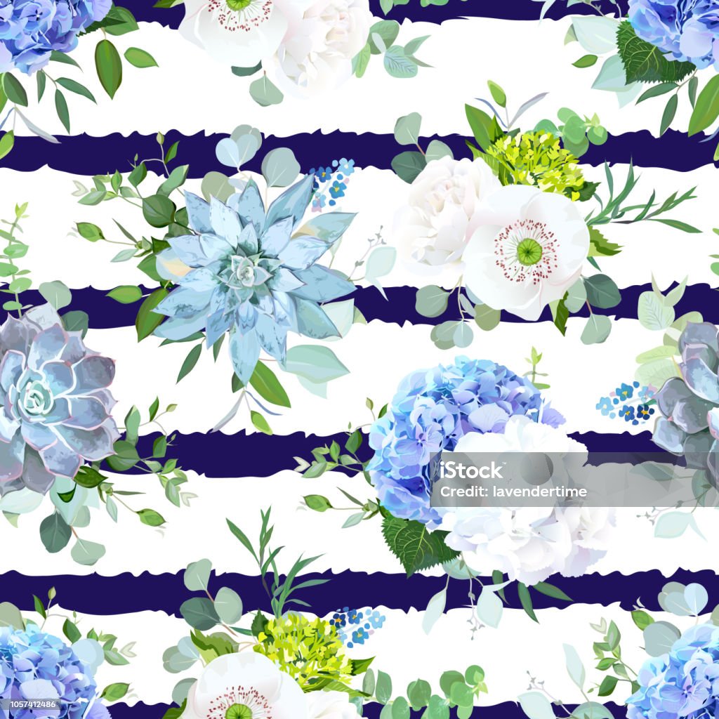 Blue and white summer flowers seamless vector design print. Blue and white summer flowers seamless vector design print. Hydrangea, rose, ranunculus, eucalyptus, succulent, forget me nots, greenery. Floral striped pattern.All elements are isolated and editable Flower stock vector