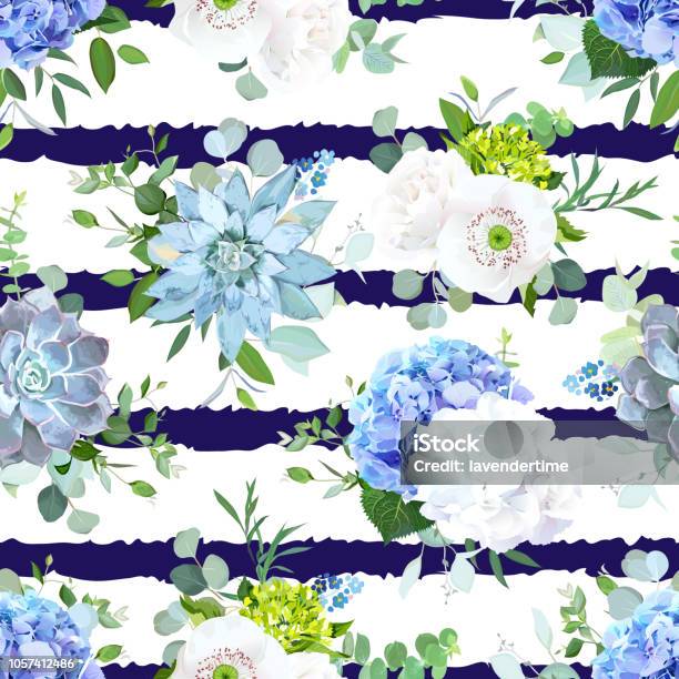 Blue And White Summer Flowers Seamless Vector Design Print Stock Illustration - Download Image Now