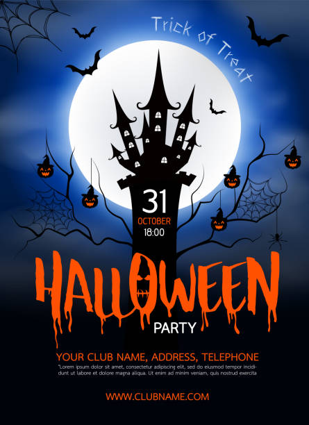 ilustraciones, imágenes clip art, dibujos animados e iconos de stock de diseño de fondo de halloween con castillo negro y la luna. - halloween pumpkin party carving