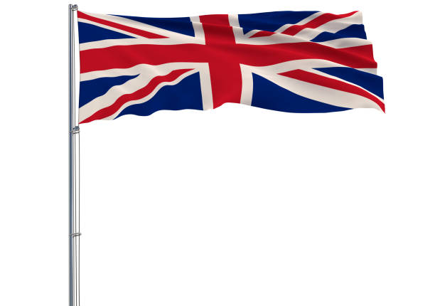 istock Isolate flag of Great Britain on a flagpole fluttering in the wind on a white background, 3d rendering 1057434020