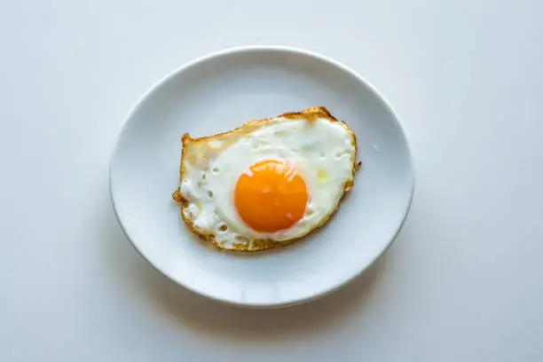 Photo of A fried egg is on a white dish.