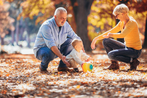 dziadkowie i wnuk razem w jesiennym parku - grandfather baby grandson grandparent zdjęcia i obrazy z banku zdjęć