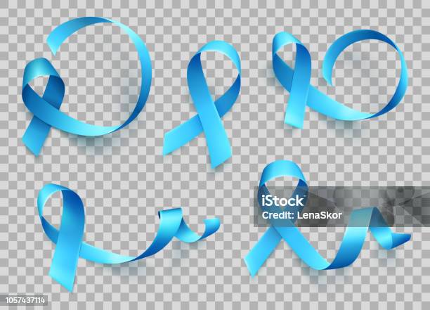 Big Set Of Blue Ribbons Over Transparent Background Symbol Of Prostate Cancer Awareness Month In November Vector Stock Illustration - Download Image Now