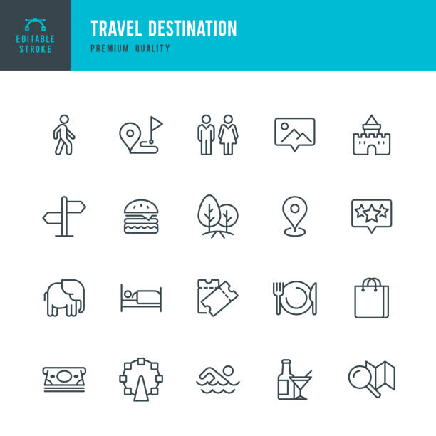 Travel Destination - set of thin line vector icons Set of 20 Tourism and Travel Destination thin line vector icons travel symbols stock illustrations