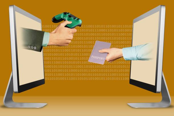 istock business concept, two hands from laptops. wireless controller and passport. 3d illustration 1057449932