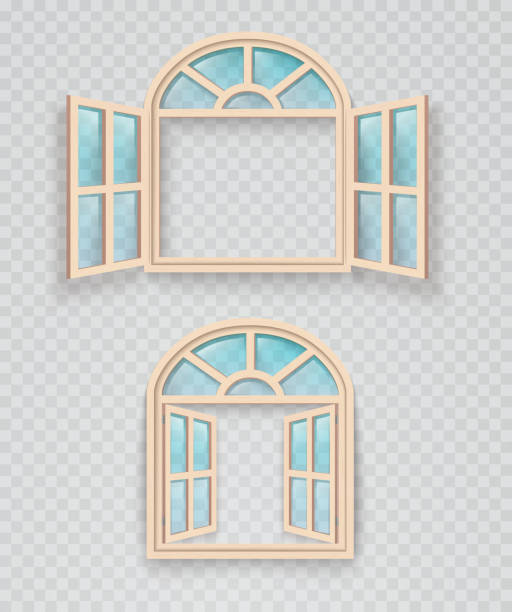 istock Wooden window open and closed on transparent background. Exterior and interior window frames. 1057453122