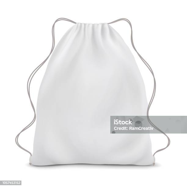 White Backpack With Laces Sport Bag Mockup On White Background Stock Illustration - Download Image Now