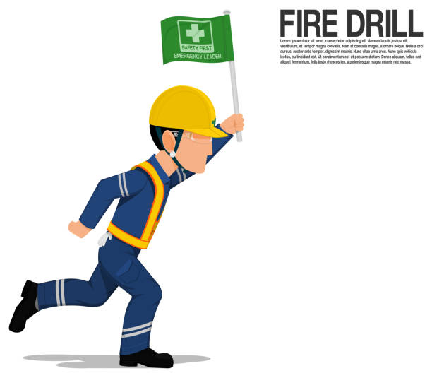 ilustrações, clipart, desenhos animados e ícones de um líder de emergência está presente a bandeira de segurança sobre a simulação de incêndio anual - evacuação e relocação
