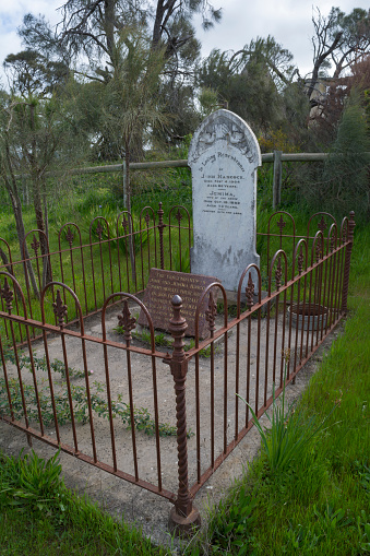 Inman Valley, South Australia, Australia - September 23, 2018: The Bald Hills Congregational Church Cemetery: Graves and commemorative plaques for John Hancock and Jemima Hancock, buried in 1904 and 1892 respectively.