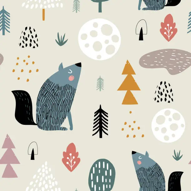 Vector illustration of Semless woodland pattern with wolf, moon and hand drawn elements. Scandinaviann style childish texture for fabric, textile, apparel, nursery decoration. Vector illustration