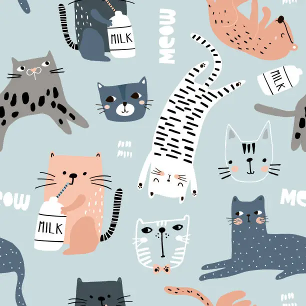 Vector illustration of Seamless pattern with different funny cats. Creative childish texture. Great for fabric, textile Vector Illustration