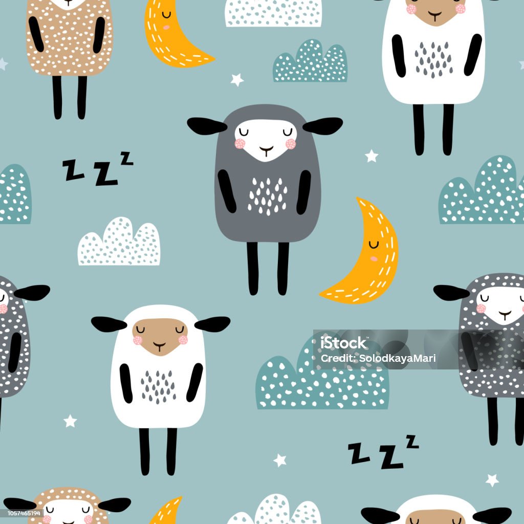 Seamless Pattern With Cute Sleeping Sheep Moon Clouds Creative Good Night  Background Perfect For Kids Apparelfabric Textile Nursery  Decorationwrapping Papervector Illustration Stock Illustration - Download  Image Now - iStock