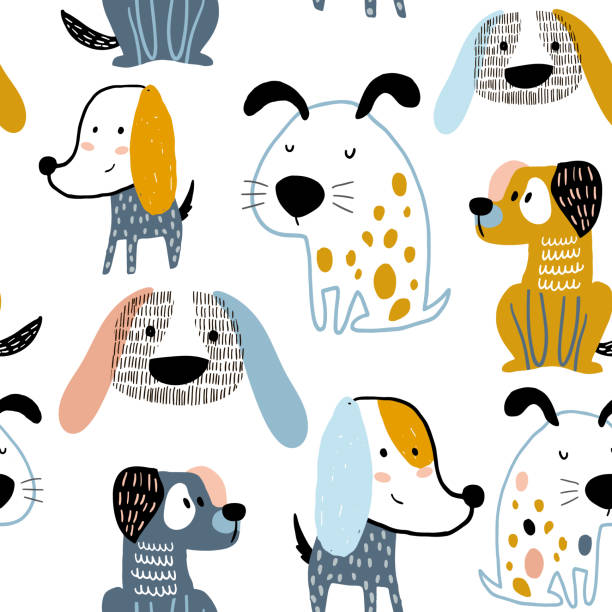 ilustraciones, imágenes clip art, dibujos animados e iconos de stock de infantil de patrones sin fisuras con los graciosos perros creativos. fondo de vector escandinavo moderno. ideal para ropa de niños, tela, textil, decoración infantil, papel de embalaje - dog school illustrations