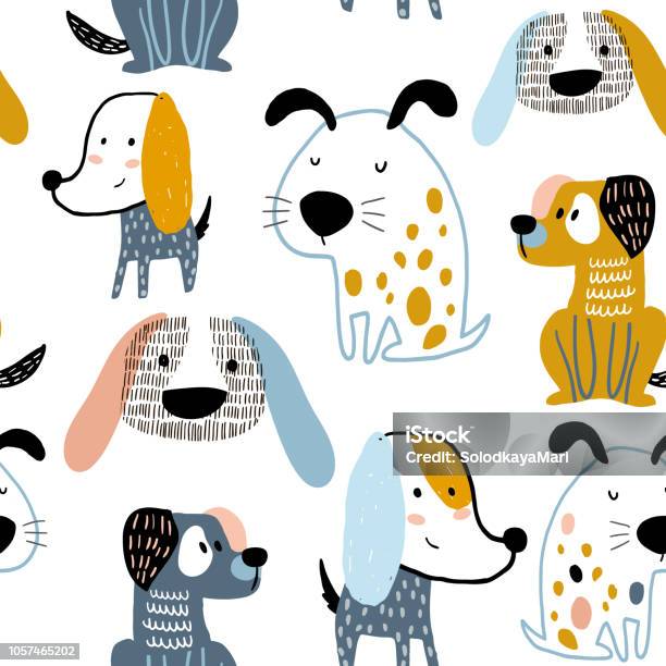 Childish Seamless Pattern With Funny Creative Dogs Trendy Scandinavian Vector Background Perfect For Kids Apparelfabric Textile Nursery Decorationwrapping Paper Stock Illustration - Download Image Now