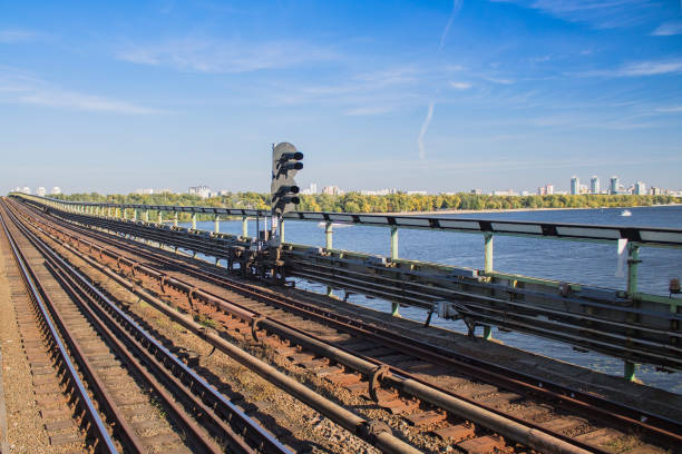 Railroad urbanistic landscape. No people. Rail and sleepers go far to horizon. Perspective view with lot of pillars and junctions along railway. Sunny day with beautiful clouds on blue sky.