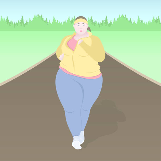 ilustrações de stock, clip art, desenhos animados e ícones de fat woman running, flat drawing, colorful vector illustration - slenderize