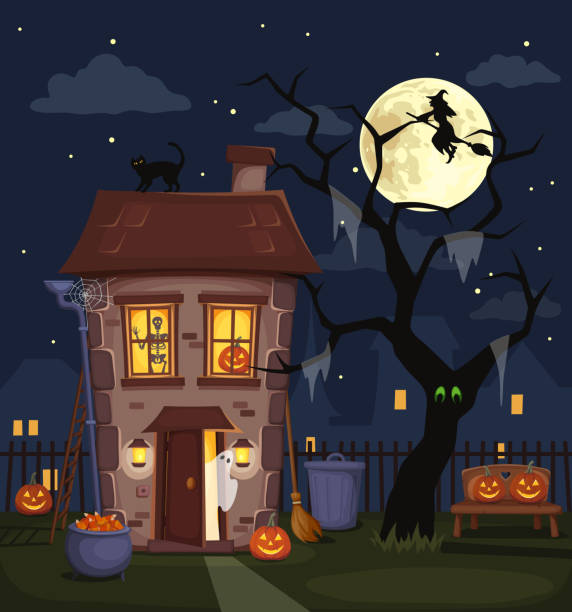 ilustrações, clipart, desenhos animados e ícones de cidade de noite de halloween de paisagem com uma casa mal assombrada. ilustração em vetor. - fairy tale house witch candy