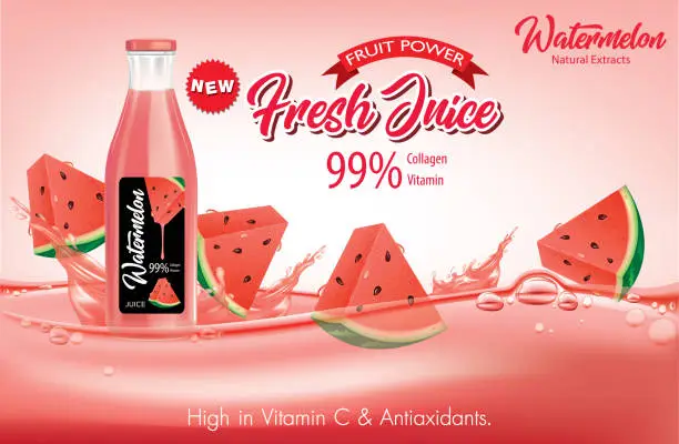 Vector illustration of Watermelon juice ads, juice bottle and watermelon slices, realistic vector illustration.
