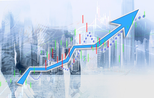 Businessman and Hong Kong city view with blue bull chart on background. double exposure