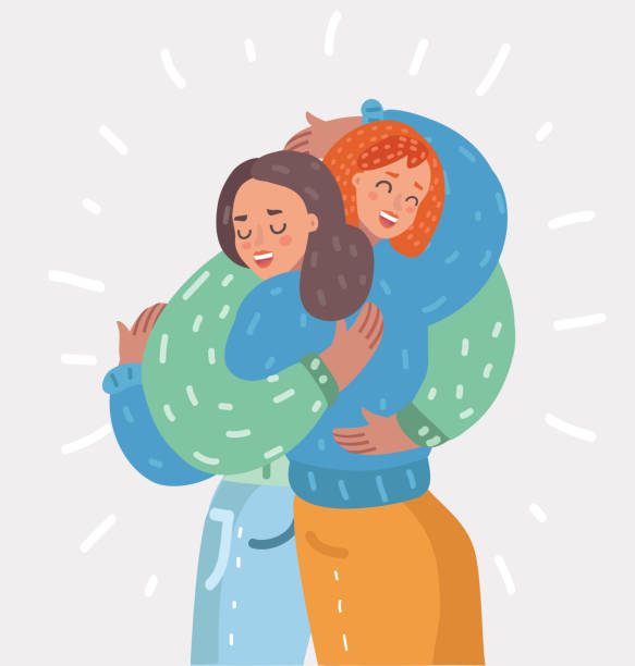 Happy young girls hug each other. Woman friendship Two happy young girls hug each other. Females embracing, laughing and excited. Woman friendship. Vector cartoon illustration in modern concept friends laughing stock illustrations