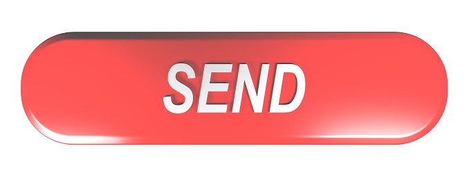 A red rounded rectangle push button with the write SEND - 3D rendering illustration
