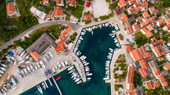 Aerial view of pier, yachts and boats in harbor, Croatia